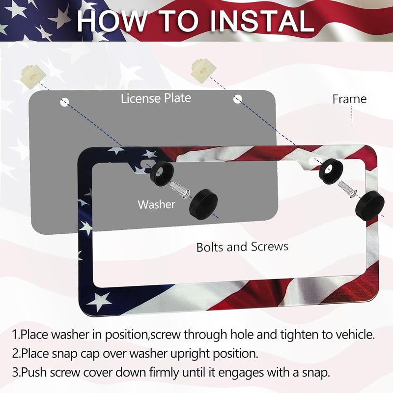 LIN KANG Patriotic American Flag License Plate Frame Holder - 2 Pack Universal Quality Metal Aluminum Matte Stripe US Flag Gloss Car Plate Frame Covers with 2 Holes and Free Screws Fasteners Caps - Image 3